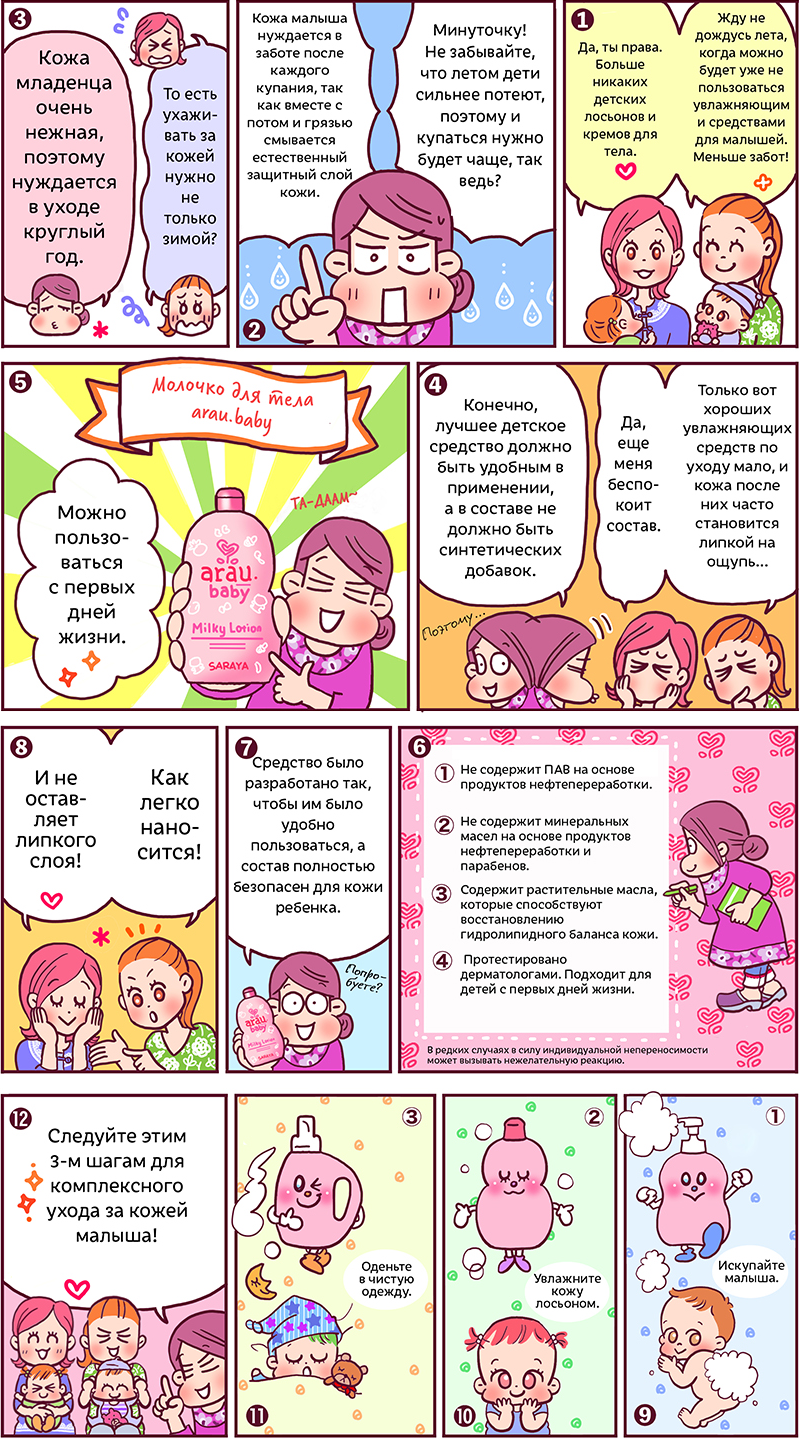 Узнайте, нуждается ли кожа ребенка в особом уходе летом, прочитав комикс arau.baby от Ю Такано.