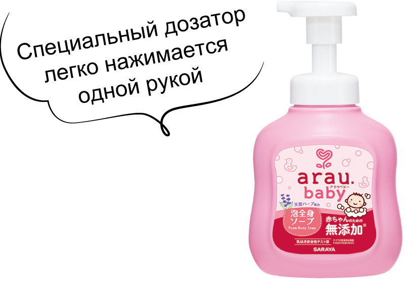 Дозатор для пены на крышке Пенки для купания arau.baby легко нажимается одной рукой.